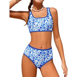 NECIOUS Teen Girls Swimsuits Two Piece Sporty Bikini Sets Color Contrast Trim Adjustable Straps Swimsuit with Chest Pad 15-16Y