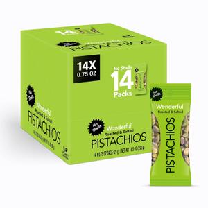 Wonderful Pistachios No Shells, Roasted & Salted Nuts, 0.75 Ounce Bag (Pack of 14), Protein Snacks, Vegan Snacks, On-the-Go, Individual Snacks for Adults (EXP 05/12/26)