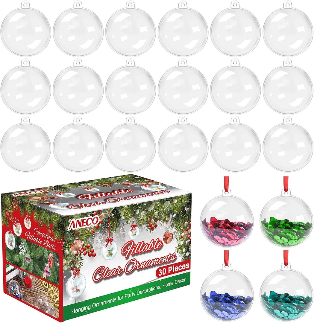 Aneco 30 Pieces 50mm Clear Fillable Plastic Ball DIY Christmas Crafts Ball Ornaments Christmas Tree Balls Decorations for Party Wedding Holiday Home Decor, Bath Bomb
