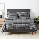 Amazon Basics Full/Queen Comforter Set with Sheets, 7-Piece Gray Calvin Stripe Bedding, Lightweight Microfiber Bed-in-a-Bag, Striped