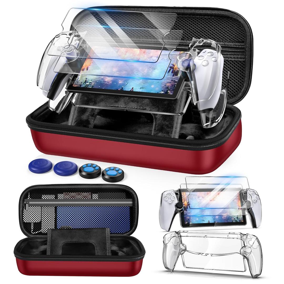 Auarte 12 in 1 Accessories Set for Playstation Portal Remote Player, Hard Carrying Case for PS Portal with Clear Skin Case for PS5 Portal, 2 Screen Protector with 4 Thumb Grip (Red)