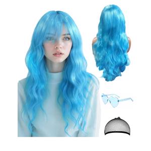 28 Inch/70 cm Blue Wig Long Curly Wig and Party Sunglasses, Cosplay Color Wig with Neon Glasses for Women - Bachelorette Party Wigs Decorations Favors (Sky Blue)