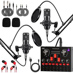 Podcast Equipment Bundle for 2, Audio Interface with Cardioid Designer BM800 Mic for Gamer and All-in-One DJ Mixer, Perfect for Live Streaming, Singing, YouTube