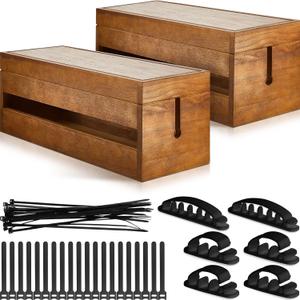 Hoteam 48 Pcs Wooden Cable Management Box Cable Organizer Box Set Power Strip Holder Cord Hider Clip Adhesive Management Ties Cord Sleeves for Desktop Home Office(Brown,Large)