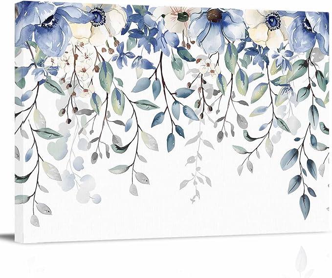 Blue Eucalyptus Leaf Canvas Print Wall Art - Botanical Flowers Leaves Watercolor Floral - Wall Decor Modern Artwork Paintings Pictures for Living Room Stretched and Framed Ready to Hang - 24" x 36"