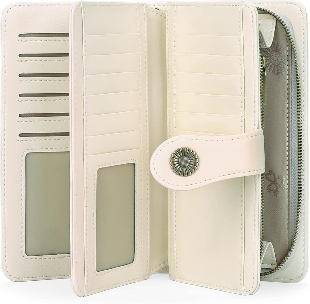 FALAN MULE Women Leather Wallet Large Capacity Bifold RFID Blocking Card Holder with Zipper Coin Pocket (AK-Off-white)