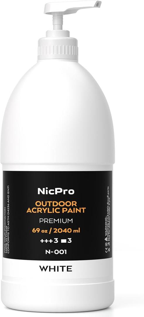 Nicpro White Large Outdoor Acrylic Paint Set (69 oz, 2040 ml) Rich Art Painting Supplies Non Toxic Multi Surface Paint for Canvas, Wood, Leather, Fabric Stone Craft, Concrete, Wall, for Beginners, Artists & Adults with Pump (69 Fl Oz (Pack of 1))