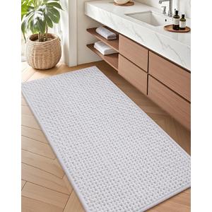 Color&Geometry Rubber Backed Waffle Bath Mat 60x24, Non Slip Machine Washable Bathroom Rugs, Soft Absorbent Chenille Boho Carpet for Bathroom Floor, Tub and Shower, White