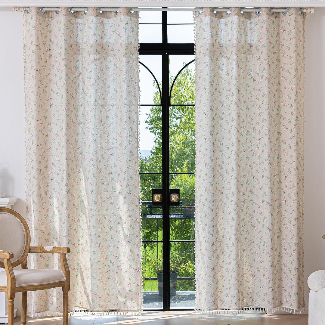 Deep Dream Grommet Semi-Sheer Boho Curtains 84 Inch Length 2 Panels for Living Room, Linen Blend Tassels Farmhouse Curtains with Embroidery for Bedroom (52" W x 84" L, 2 Panels, Floral)