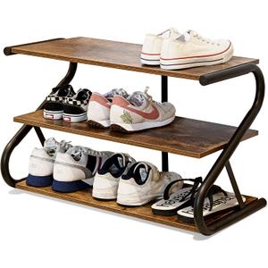 3-Tier Shoe Rack, Wooden Shoe Storage with S Shape Heavy Duty Metal Free Standing, Shoe Organizer Shelf for Entryway, Living Room, Closet, Bedroom (Rustic) (11.81 x 25.78 x 15.86 Inches)