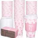 Whaline 50 Set Pink Bow Disposable Coffee Cups with Lids and Sleeves Coquette Bowknot Paper Drinking Cups for Valentine's Day Mother's Day Wedding Birthday Baby Shower Bachelorette Party Supplies