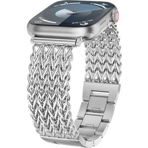 Minyee Compatible with Apple Watch Band 41/40/38/44/45/46/49/42mm Women, Dressy Stainless Steel Metal Chain Strap Designer Starlight Link Bracelet Wristband for iWatch Series 10 9 8 7 6 5 4 Ultra SE (Silver)