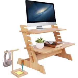 Wisfor Bamboo Standing Monitor Stand Desk Convertor Riser for Monitor Adjustable Height Standup Desk Top Laptop Workstation with Phone Headset Holder (26x18.5x18.9")