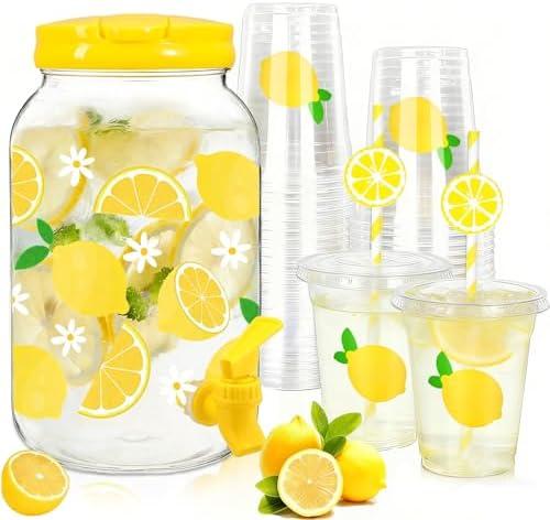 AnyDesign 1 Gallon Summer Lemon Plastic Drink Dispenser with 50 Pcs Disposable Plastic Cups Lids Straws Lemonade Stand Supplies Fruits Beverage Water Dispenser with Spigot for Juice Ice Tea Beer