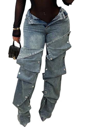 Famnbro Womens Baggy Cargo Jeans Y2K High Waisted Straight Wide Leg Detachable Denim Jeans Greyblue Medium