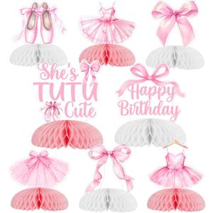 Jollyboom Tutu Cute Birthday Decorations, 8pcs Ballet and Bows Party Decoration She S Tutu Cute Table Honeycomb Centerpiece for Ballerina Birthday Party Dancing Girl