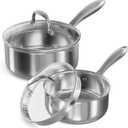 Stainless Steel Saucepan Set with Strainer Glass Lid, 1-Quart and 2-Quart Tri-Ply Capsule Bottom Sauce Pan/Pot, Two Pour Spout, Dishwasher and Oven Safe