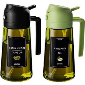 CXINYI - 16oz/470ml Olive Oil Dispenser for Kitchen with Stickers - 2 in 1 Olive Oil Sprayer for Cooking, Air Fryer, and Salad, Black & Green (Light-Proof Kitchen Gadget)