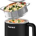 Topwit Hot Pot Electric with Steamer, 1.6L Ramen Cooker, Electric Pot for Pasta, Shabu-Shabu, Oatmeal, Soup and Egg, Portable Cooker with Dual Power Control, Dorm Room Essentials, Black