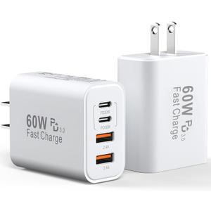 USB C Charger Block, 2Pack 60W 4 Ports Type C Fast Phone Charging Cubes PD USBC Wall Plug+QC 3.0 USB A Charger Head Power Brick Box for iPhone 16/15/14/13/12/11 Pro Max, Samsung Galaxy, Pixel (White)
