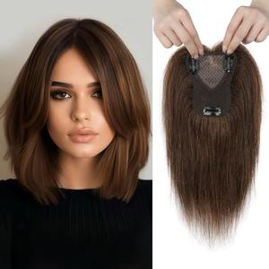 REECHO Real Human Hair Topper, 10 inch Women Hair Toppers for Thinning Hair, 100 Percent Human Hair Large Coverage Natural Hairpiece Wiglet, Swiss Base 4.5"x3.5", Medium Brown