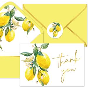 Whaline 50 Pack Lemon Gold Foil Thank You Cards Boxed Greeting Cards with Envelopes Stickers Yellow Lemon Flower Blank Note Card for Spring Summer Birthday Baby Shower Party Supplies