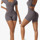 Short Sleeve Jumpsuit Workout for Women Square Neck One Piece Backless Tummy Control Bodycon Scrunch Butt Yoga Rompers, Gray, Small