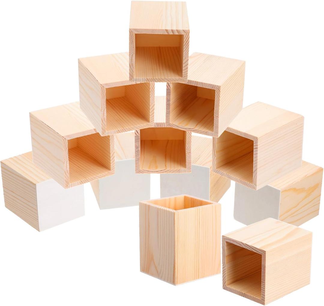 12 Pack Wooden Pencil Holder, Unfinished Wood Pen Holder for Desk, Square Pine Wood Organizer for DIY Crafts & Office Supplies (3.14" x 3.14" x 3.93")