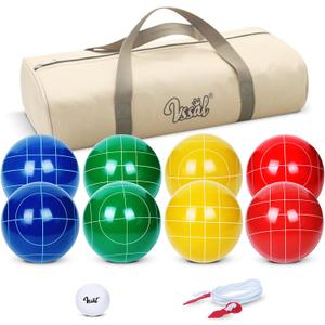 100mm Bocce Ball Set Regulation Size and Weight with 8 Resin Bochie Balls, Pallino, Carrying Bag, Measuring Rope, Gift for Family Backyard Lawn Yard Beach Bocci Games (Multi Colors, 2-8 Players)