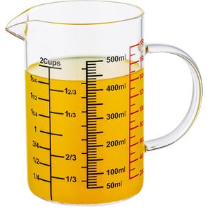 Glass Measuring Cup-[Insulated handle | V-Shaped Spout]-Made of High Borosilicate Glass Measuring Cup for Kitchen or Restaurant, Easy to Read, 500 ML (16 Oz, 2 Cup) (2Cup,500ml(High Borosilicate Glass))