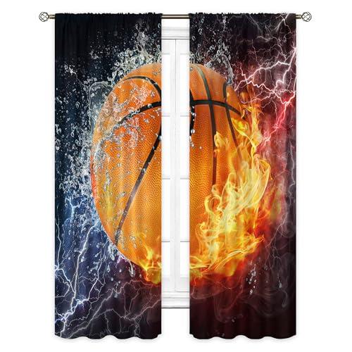 Cinbloo Boys Sports Curtains 29Wx63L Inch Rod Pocket Abstract Flame Basketball Theme Wall Decor Teens Kids Child Bedroom Men Cool 3D Ball Art Printed Living Room Playroom Window Drapes Fabric 2 Panels
