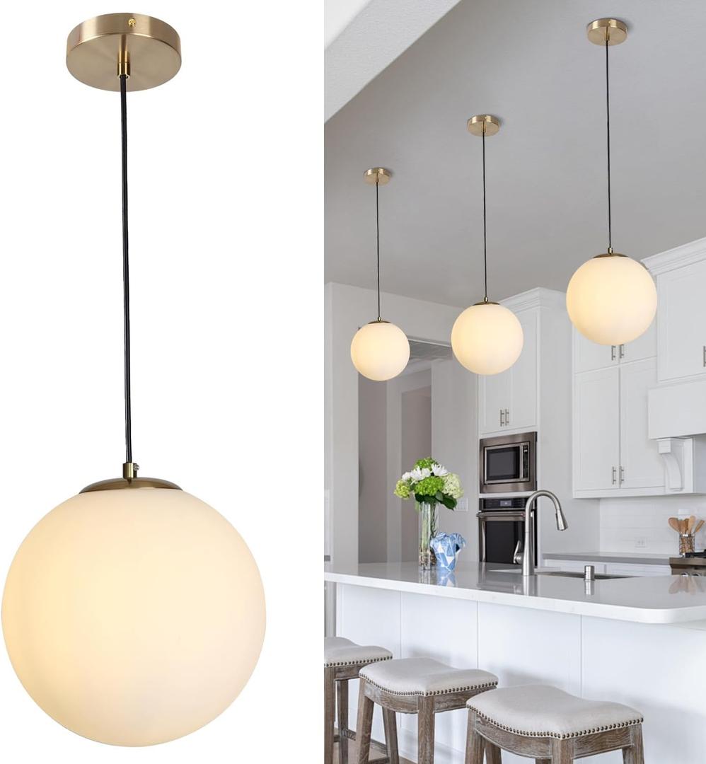 Globe Glass Pendant Light-Fixtures - Gold Mid Century Light Fixture with Milk Glass, Modern Ceiling Chandelier, Hanging Pendant Light for Kitchen, Bedroom, Living Room, Dinning Room, Hallway
