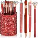 Sabary 8 Pcs Red Pens with Pen Holder for Desk Glitter Crystal Diamond Cute Ballpoint Fancy Pencil Holder Bling Desk Organizer for Women Girls Gifts School Office Wedding Supplies