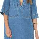 Wenrine Womens Denim Shirt Dress Summer Casual V Neck Short Sleeve Loose Jean Mini Dress (L)