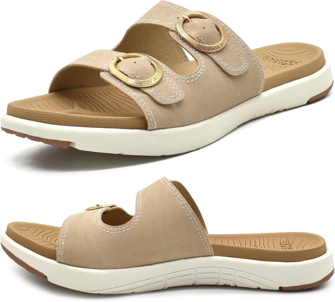 COFACE Womens Orthotic Slides Comfort Plantar Fasciitis Arch Support Slip on Flat Sandals Ladies Soft Cushion Fashion Yoga Mat Slippers With Adjustable Straps, Size 9.5