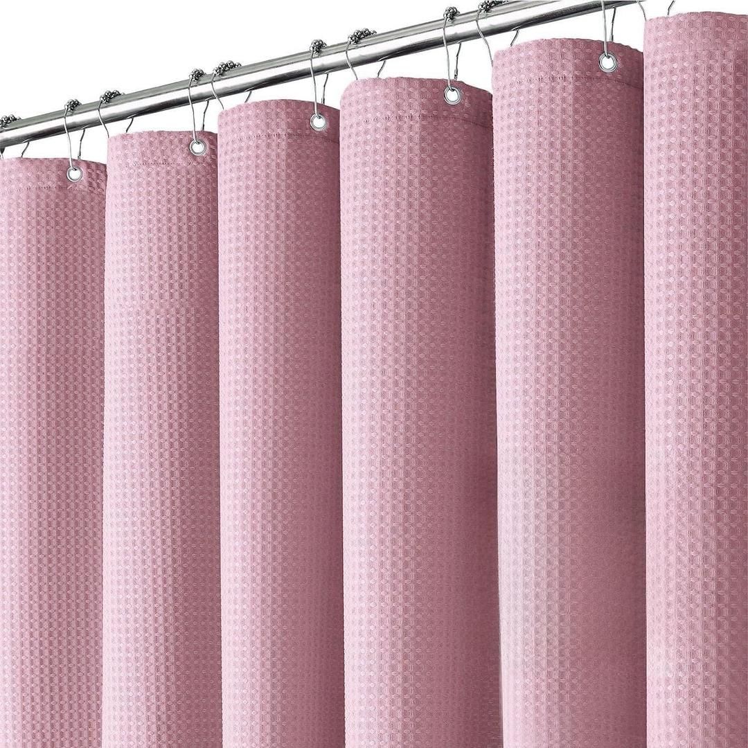 Inhousolu Fabric Shower Curtain Waffle Weave, 230 GSM Heavy Duty, Weighted Hem, 14 Metal Hooks, Water Repellent, Machine Washable, Hotel Spa Luxury Bath Curtain Set, 72 x 72 Inch, Pink