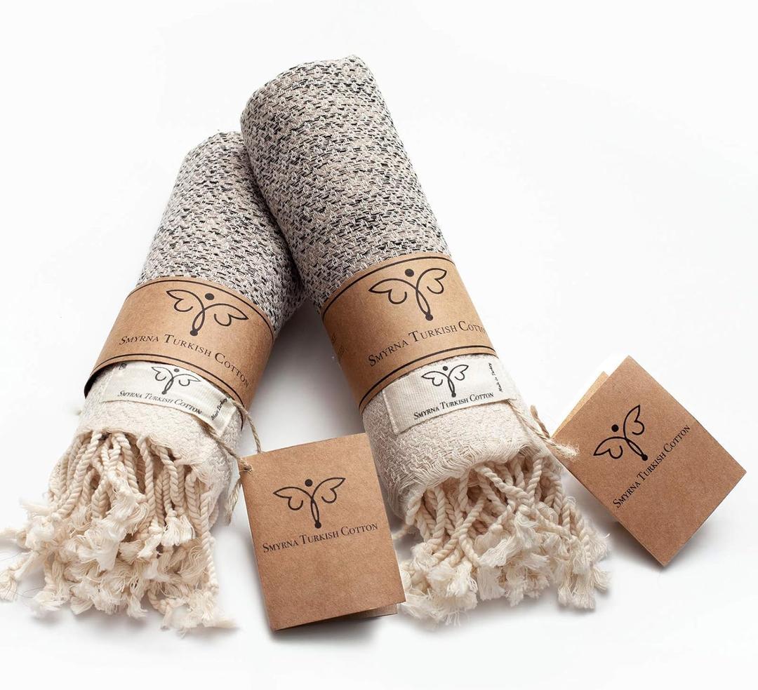 SMYRNA TURKISH COTTON Vintage Series Turkish Hand Towels, 16x40 inch, Decorative Turkish Hand Towels for Bathroom, Kitchen, Face, Hair, Tea, Yoga, Gym, Dishcloth Set of 2, Beige