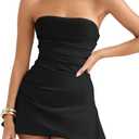 XXTAXN Women's Sexy Elegant Sleeveless Strapless A Line Ruched Cocktail Graduation Satin Mini Dress (Black, S)