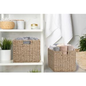 Seagrass Storage Baskets, 12X12X10in Cube Wicker Storage Basket for Shelves, Pantry Baskets Organization and Storage, Kitchen Storage Baskets, Bathroom Shelves Storage Basket Set of 2