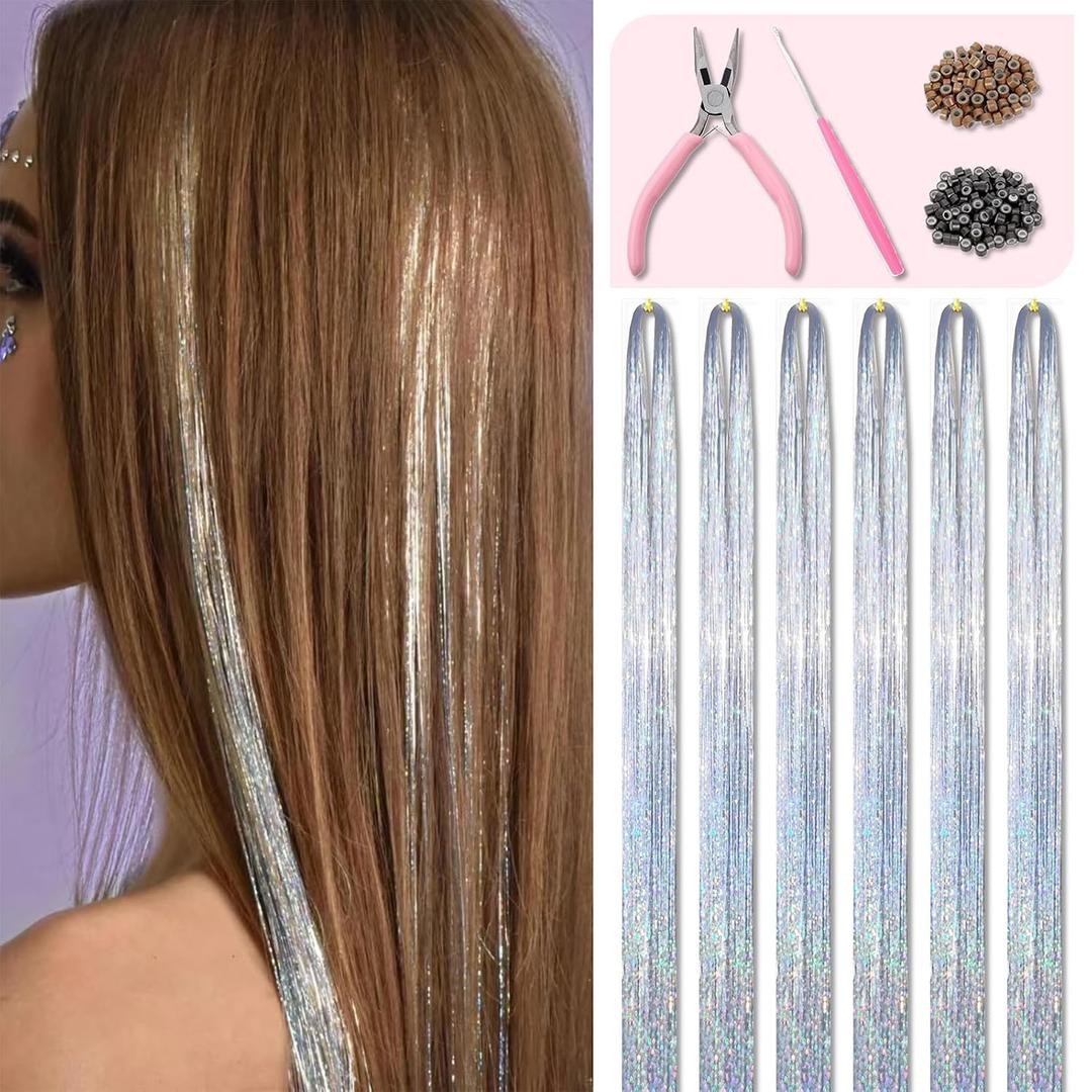 Silver Hair Tinsel Kit 48 Inches 1200 Strands with Tools and Instruction Easy to Install Fairy Glitter Tinsel Hair Extensions for Women and GirlsShinny Sparkling Braiding Hair Accessories for Halloween Cosplay Party