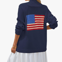 Women's American Flag Cardigan Long Sleeve Shawl Collar Button Down Fall Chunky Knit Varsity Sweater, L
