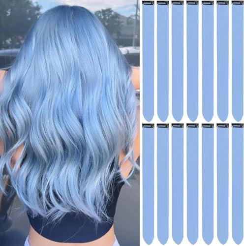 LADYAMZ Colored Hair Extensions 14 PCS, 22 In Baby Blue Clip in Hair Extensions Party Highlights, Light Blue Synthetic Hairpieces for Girls Women Kids Gift(Haze Blue)
