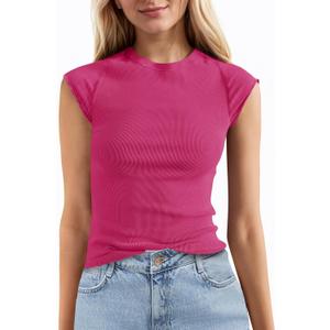 Tankaneo Womens Cap Sleeve Tops Crew Neck Ribbed Knit T Shirt Summer Casual Slim Fit Basic Tees Tshirt (Pink)