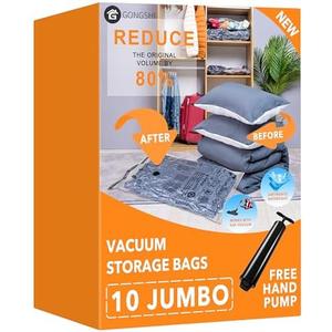 Vacuum Storage Bags (10 x Jumbo), Space Saver Sealer Compression Bags with Travel Hand Pump for Blankets, Comforters, Pillows, Clothes Storage