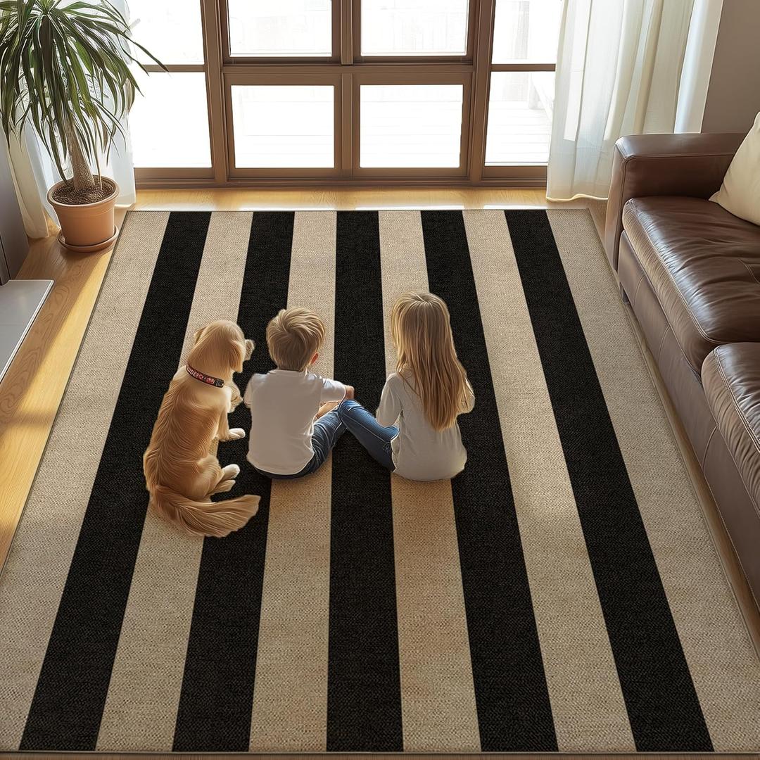 Washable Striped Easy Jute Rug, 5x7 Black Outdoor Indoor Patio Farmhouse Geometric Large Area Rugs, Low Pile Lightweight Non Slip Carpet Mat for Living Dining Room Bedroom Classroom Backyard Kitchen