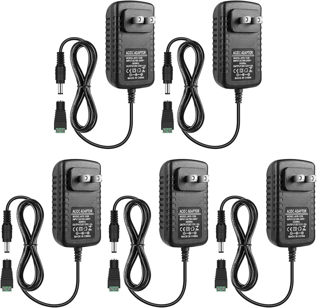 inShareplus DC 12V Power Supply, 5 Pack 12 Voltage 2A 24W LED Wall Power Supplies Adapter, AC 110V to 12 Volt Power Supply for LED Strip Light with 5.5/2.1mm DC Female Barrel Connector