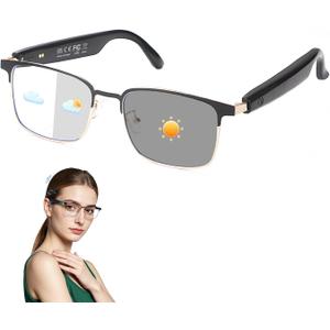 Smart Glasses for Men & Women, Photochromic Lenses, Bluetooth Audio Glasses with Open-Ear Wireless Speakers, Hands-Free Music & Calls, Voice Control, Smart Sunglasses for Work, Driving,Travel (Gold)
