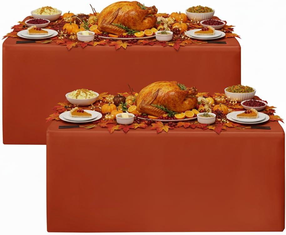 HolidayIdeas 2 Pack Fitted Thanksgiving Tablecloth for 6ft Tables, Rust Table Cover for Holiday Dinner & Buffet, Wrinkle-Resistant Fall Party Decorations for The Home