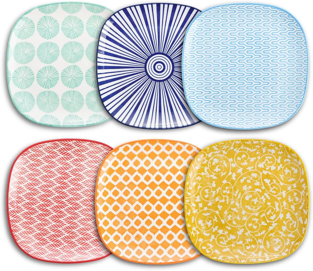 Selamica Porcelain Square Dessert Salad Pasta Plates 7.6 inches ceramic plates set of 6 microwave/dishwasher/oven safe, Assorted Colors