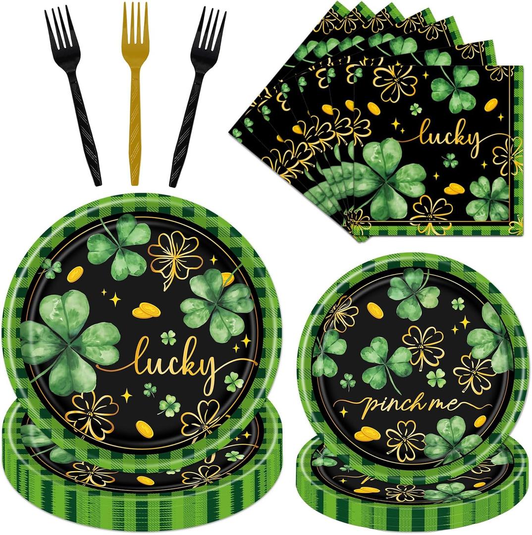Rakuto St Patricks Day Plates and Napkins Decorations, 96PCS Lucky Green Shamrock Party Decoration, St Patrick's Day Disposable Forks Tableware Decor for Irish Birthday Holiday Serve 24